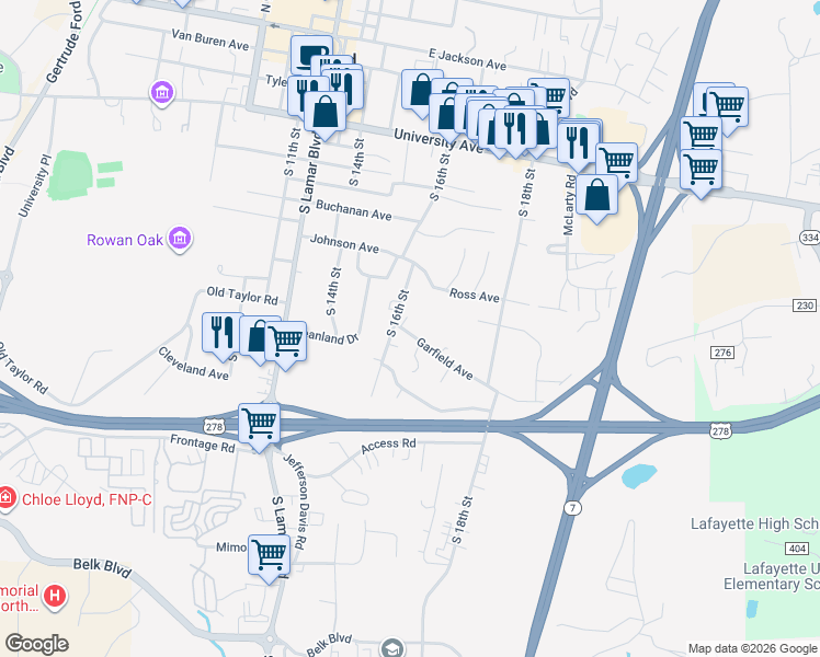 map of restaurants, bars, coffee shops, grocery stores, and more near 1513 Garfield Avenue in Oxford