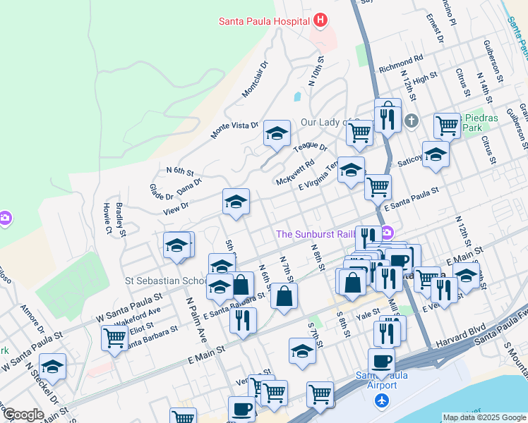 map of restaurants, bars, coffee shops, grocery stores, and more near 420 North 7th Street in Santa Paula