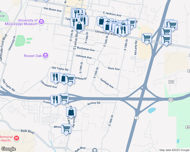 map of restaurants, bars, coffee shops, grocery stores, and more near 1310 South 16th Street in Oxford