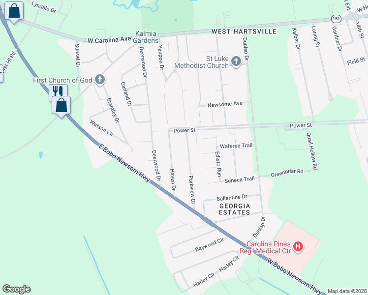 map of restaurants, bars, coffee shops, grocery stores, and more near 409 Parkview Drive in Hartsville