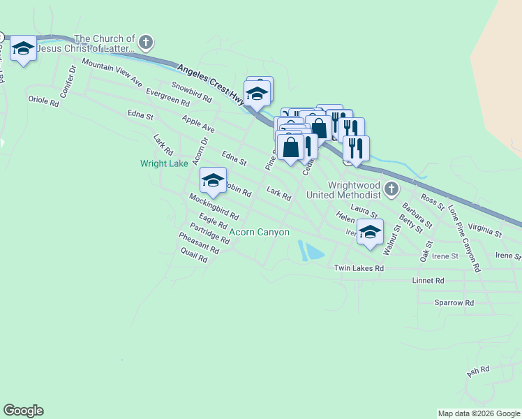 map of restaurants, bars, coffee shops, grocery stores, and more near 1178 Oriole Road in Wrightwood