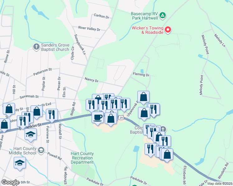map of restaurants, bars, coffee shops, grocery stores, and more near 255 Old 29 Highway in Hartwell