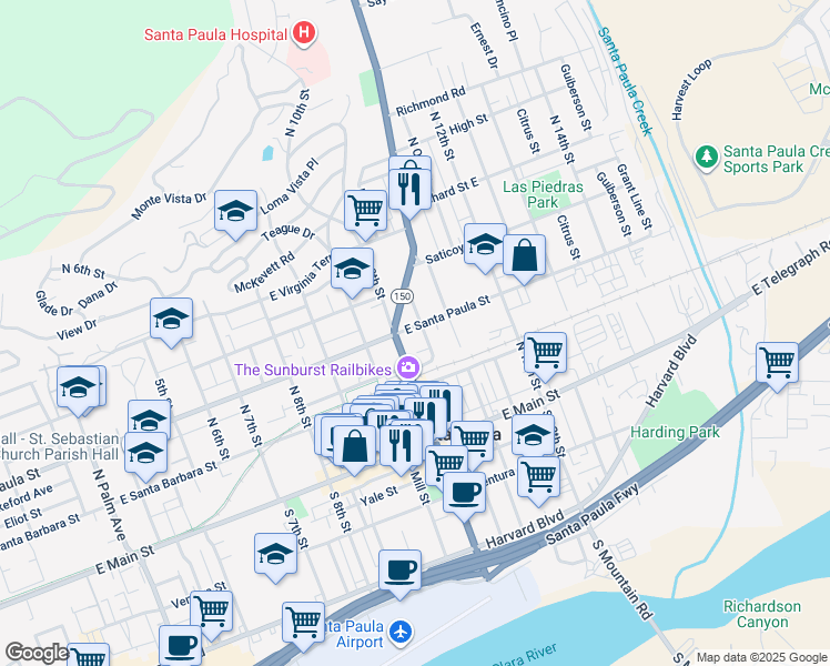 map of restaurants, bars, coffee shops, grocery stores, and more near 1012 East Santa Paula Street in Santa Paula