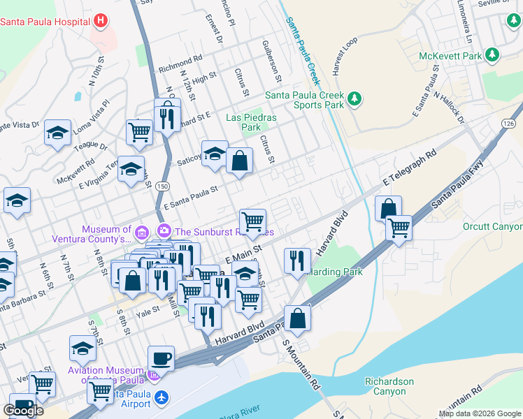 map of restaurants, bars, coffee shops, grocery stores, and more near 136 North 13th Street in Santa Paula