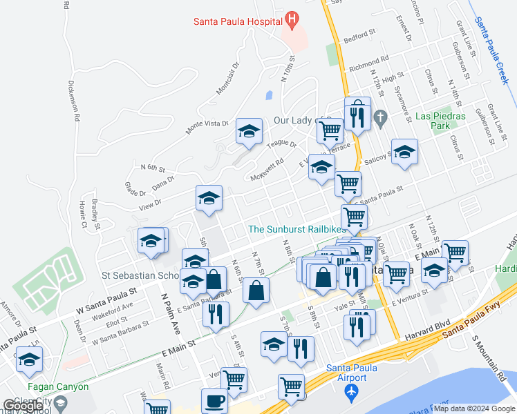 map of restaurants, bars, coffee shops, grocery stores, and more near 731 Glen Way in Santa Paula