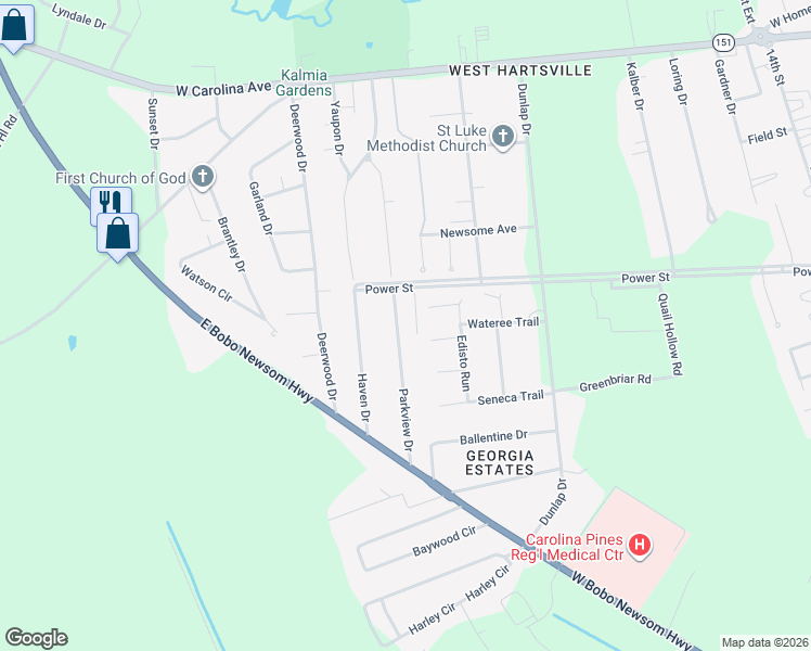 map of restaurants, bars, coffee shops, grocery stores, and more near 409 Parkview Drive in Hartsville