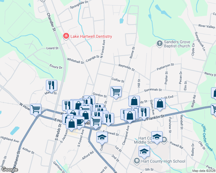 map of restaurants, bars, coffee shops, grocery stores, and more near 330 N Carter St in Hartwell