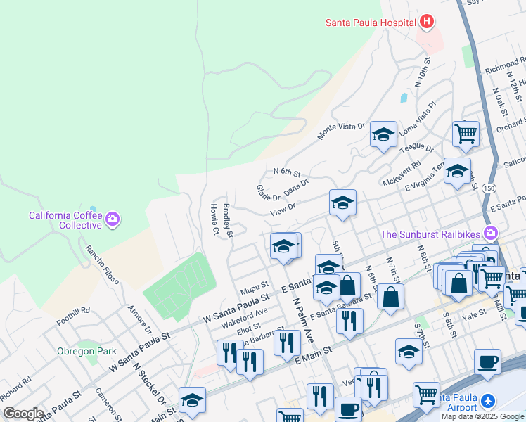 map of restaurants, bars, coffee shops, grocery stores, and more near 2 View Drive in Santa Paula