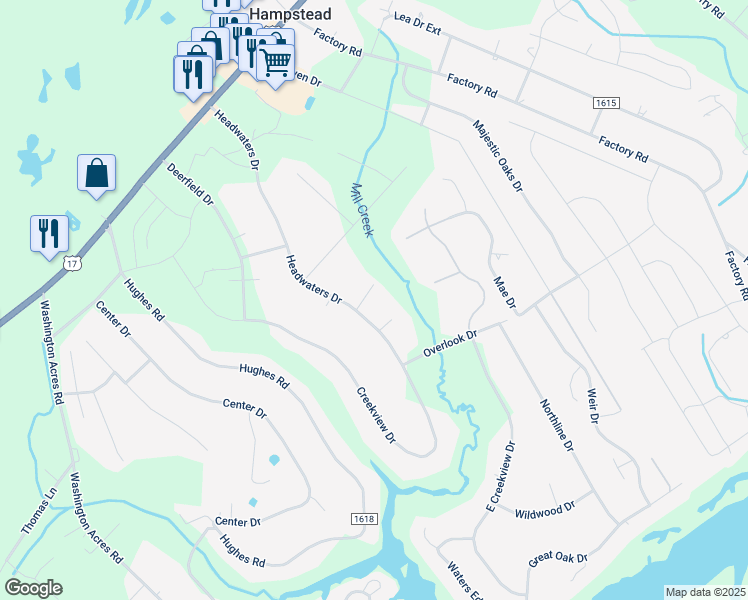 map of restaurants, bars, coffee shops, grocery stores, and more near 101 Wire Grass Way in Hampstead