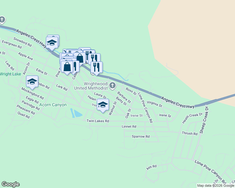 map of restaurants, bars, coffee shops, grocery stores, and more near 1575 Barbara Street in Wrightwood