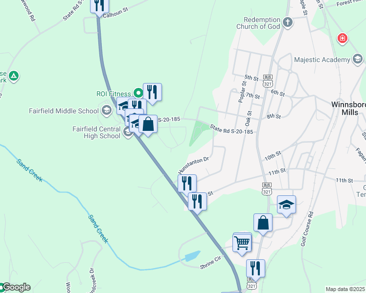 map of restaurants, bars, coffee shops, grocery stores, and more near 206 Chatham Forest Circle in Winnsboro