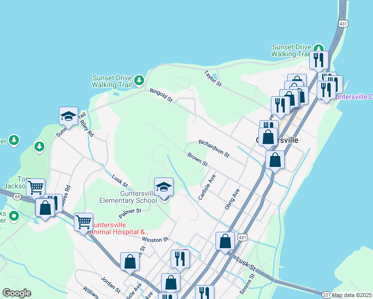 map of restaurants, bars, coffee shops, grocery stores, and more near 1700 Brown Street in Guntersville