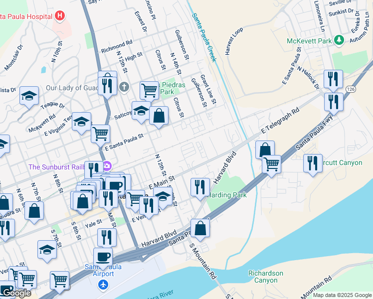 map of restaurants, bars, coffee shops, grocery stores, and more near 135 North 13th Street in Santa Paula