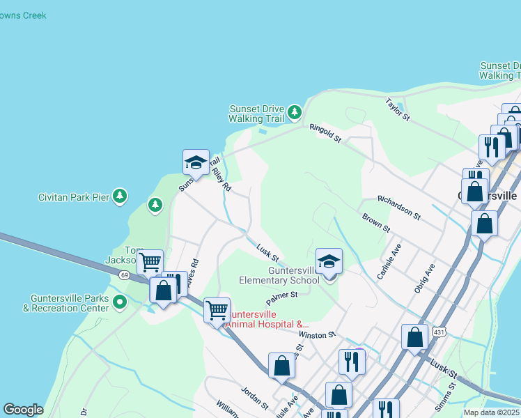 map of restaurants, bars, coffee shops, grocery stores, and more near 1009 Hillwood Drive in Guntersville