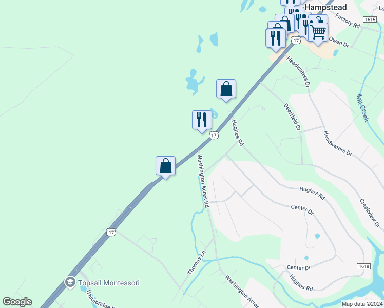 map of restaurants, bars, coffee shops, grocery stores, and more near U.S. 17 in Hampstead