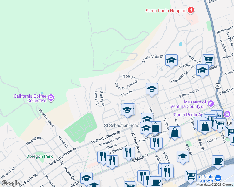 map of restaurants, bars, coffee shops, grocery stores, and more near 287 View Drive in Santa Paula