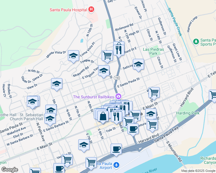 map of restaurants, bars, coffee shops, grocery stores, and more near 309 North Mill Street in Santa Paula