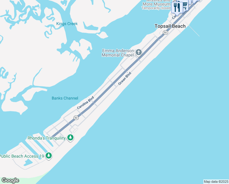 map of restaurants, bars, coffee shops, grocery stores, and more near 1307 Ocean Blvd in Holly Ridge