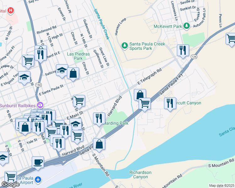 map of restaurants, bars, coffee shops, grocery stores, and more near 1453 East Main Street in Santa Paula