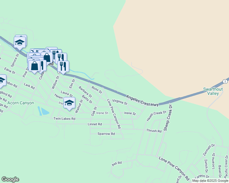 map of restaurants, bars, coffee shops, grocery stores, and more near 1776 California 2 in Wrightwood