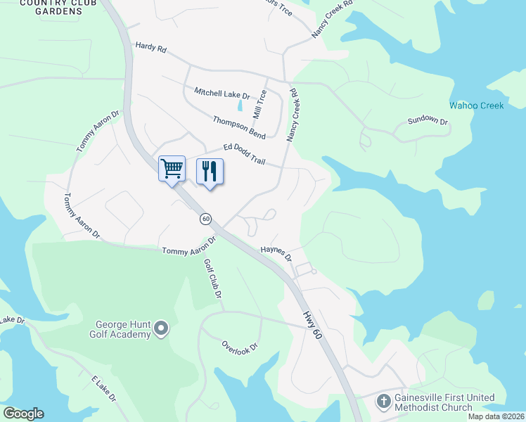 map of restaurants, bars, coffee shops, grocery stores, and more near 3376 Arbor Walk Drive in Gainesville