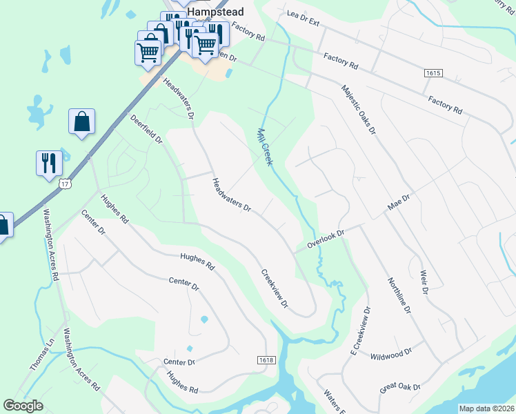 map of restaurants, bars, coffee shops, grocery stores, and more near 101 Wire Grass Way in Hampstead