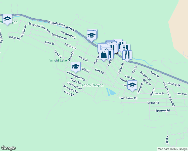 map of restaurants, bars, coffee shops, grocery stores, and more near 1178 Oriole Road in Wrightwood