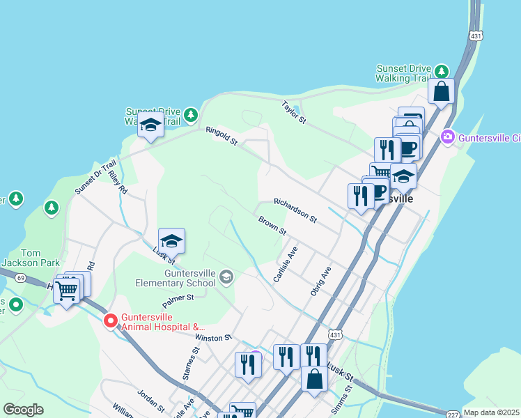 map of restaurants, bars, coffee shops, grocery stores, and more near 1700 Brown Street in Guntersville