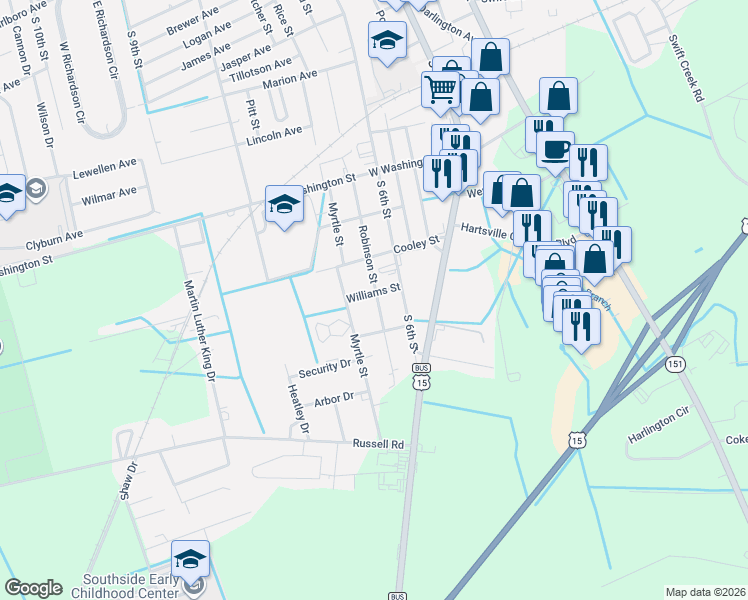 map of restaurants, bars, coffee shops, grocery stores, and more near 1201 Robinson Street in Hartsville