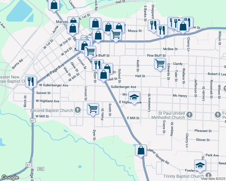 map of restaurants, bars, coffee shops, grocery stores, and more near 1219 South Main Street in Malvern
