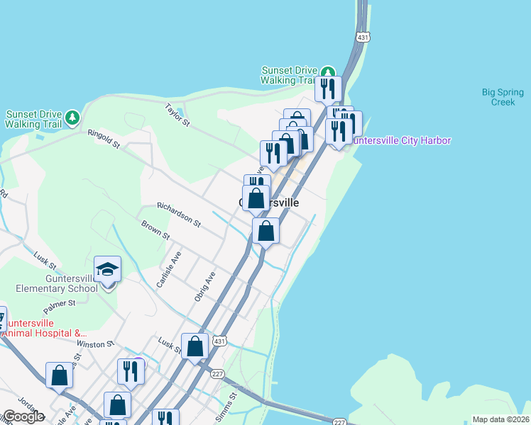 map of restaurants, bars, coffee shops, grocery stores, and more near 520 Gunter Avenue in Guntersville
