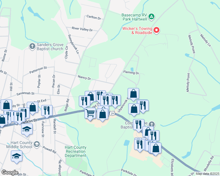 map of restaurants, bars, coffee shops, grocery stores, and more near 255 Old 29 Highway in Hartwell