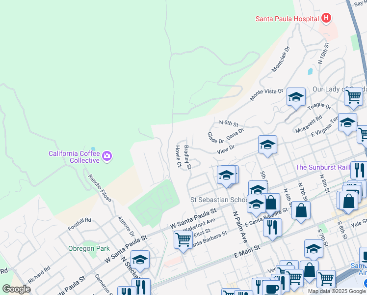 map of restaurants, bars, coffee shops, grocery stores, and more near 542 Bradley Street in Santa Paula