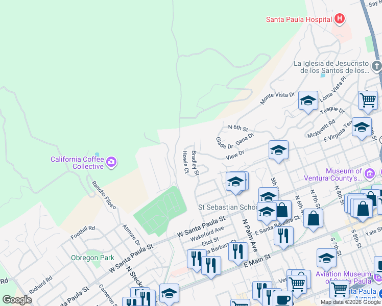 map of restaurants, bars, coffee shops, grocery stores, and more near 542 Bradley Street in Santa Paula