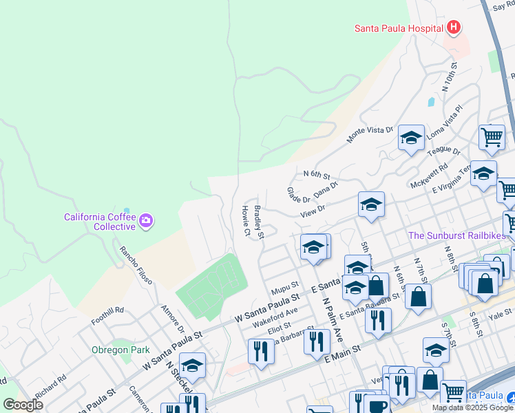 map of restaurants, bars, coffee shops, grocery stores, and more near 2 View Drive in Santa Paula