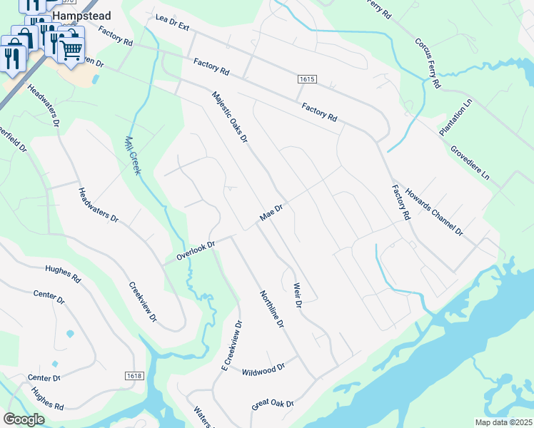 map of restaurants, bars, coffee shops, grocery stores, and more near 665 Dan Owen Drive in Hampstead