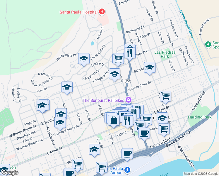 map of restaurants, bars, coffee shops, grocery stores, and more near 910 East Pleasant Street in Santa Paula