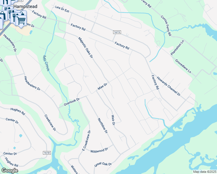 map of restaurants, bars, coffee shops, grocery stores, and more near 541 Mae Dr in Hampstead