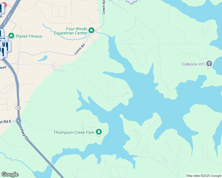 map of restaurants, bars, coffee shops, grocery stores, and more near 86 Sunset Drive in Dawsonville