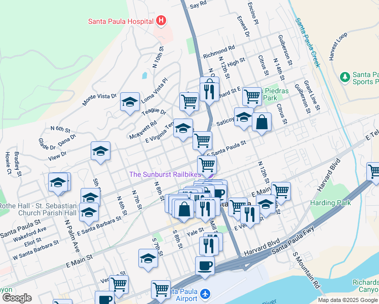 map of restaurants, bars, coffee shops, grocery stores, and more near 309 North Mill Street in Santa Paula