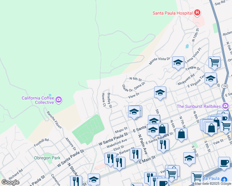 map of restaurants, bars, coffee shops, grocery stores, and more near 179 View Drive in Santa Paula