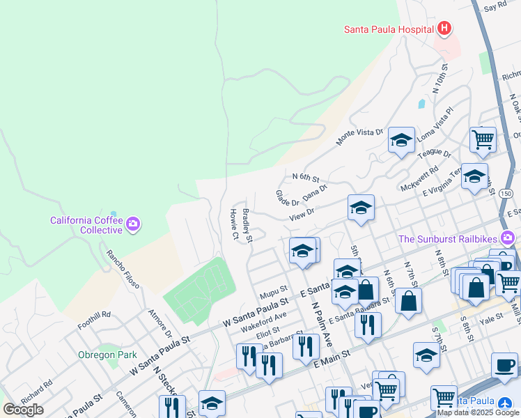 map of restaurants, bars, coffee shops, grocery stores, and more near 179 View Drive in Santa Paula