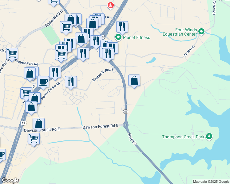 map of restaurants, bars, coffee shops, grocery stores, and more near Highway 53 in Dawsonville