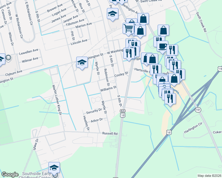 map of restaurants, bars, coffee shops, grocery stores, and more near 1201 Robinson Street in Hartsville