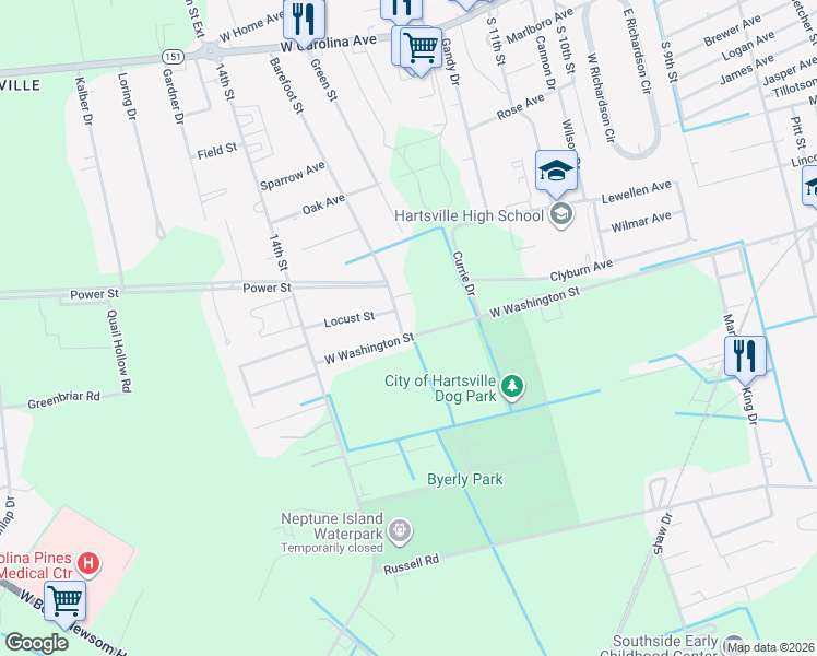map of restaurants, bars, coffee shops, grocery stores, and more near 821 West Washington Street in Hartsville