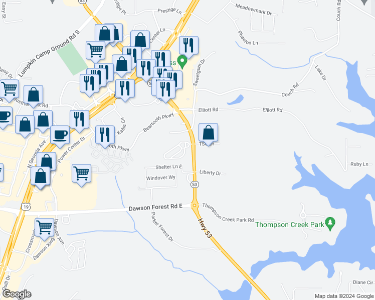 map of restaurants, bars, coffee shops, grocery stores, and more near Highway 53 in Dawsonville