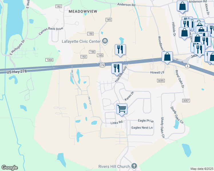 map of restaurants, bars, coffee shops, grocery stores, and more near 905 Private Road 3097 in Oxford