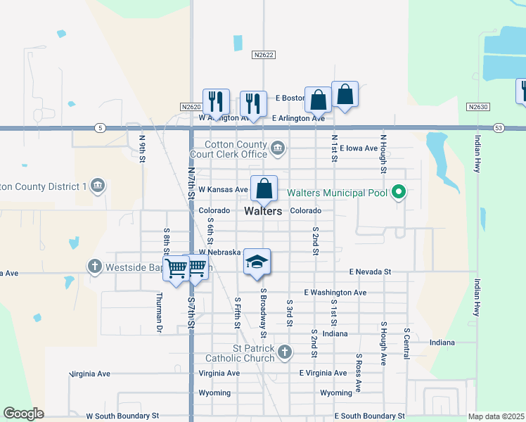 map of restaurants, bars, coffee shops, grocery stores, and more near in Walters