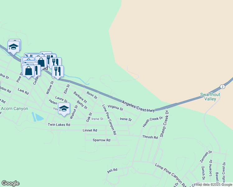 map of restaurants, bars, coffee shops, grocery stores, and more near 1776 California 2 in Wrightwood