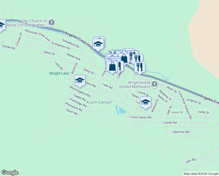 map of restaurants, bars, coffee shops, grocery stores, and more near 1235 Lark Road in Wrightwood